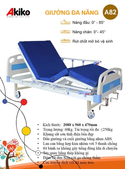 GIƯỜNG BỆNH NHÂN 2 TAY QUAY AKIKO A82 CÓ BÔ VÀ BÀN ĂN