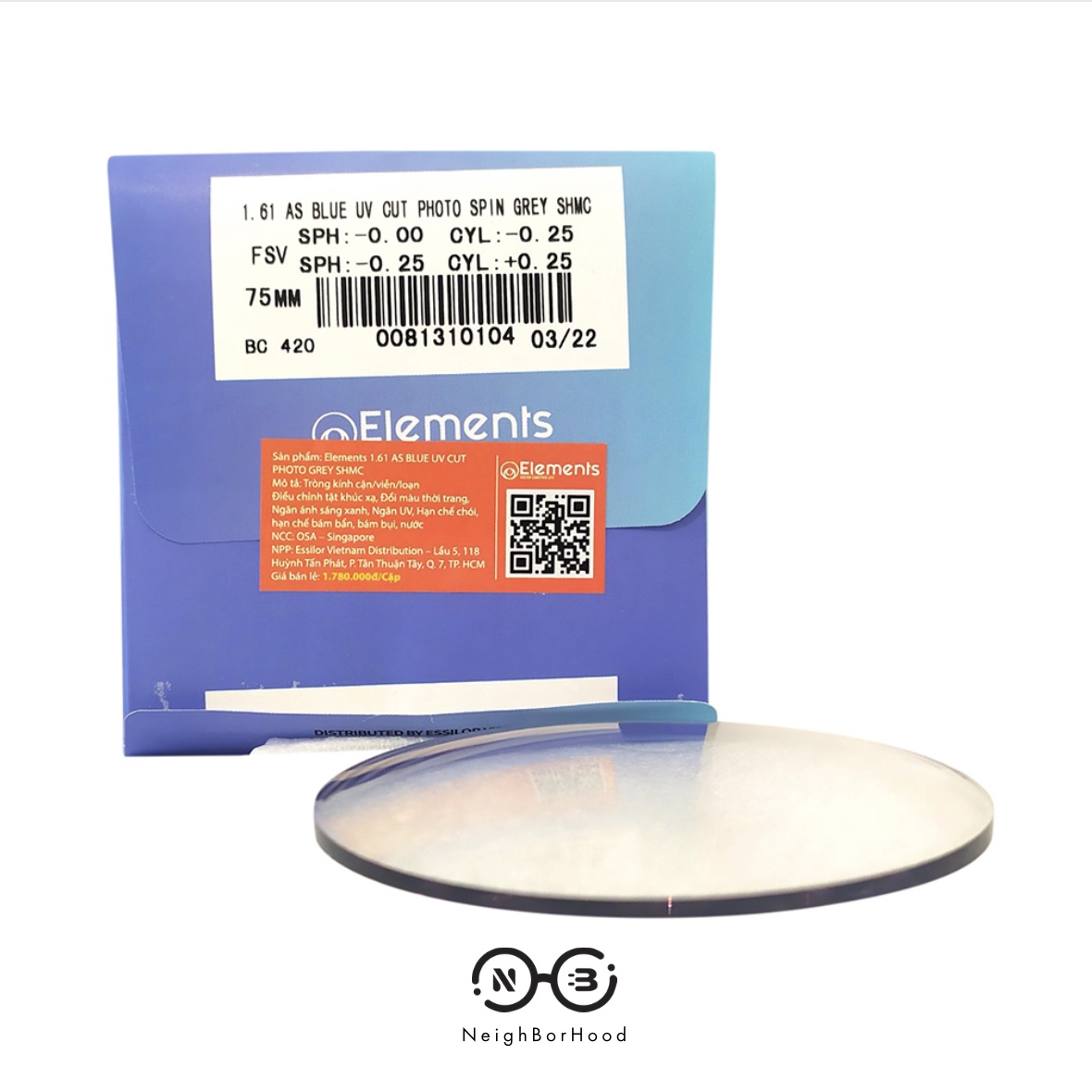 Tròng Element BLUE UV CUT PHOTO GREY chiết suất 1.61