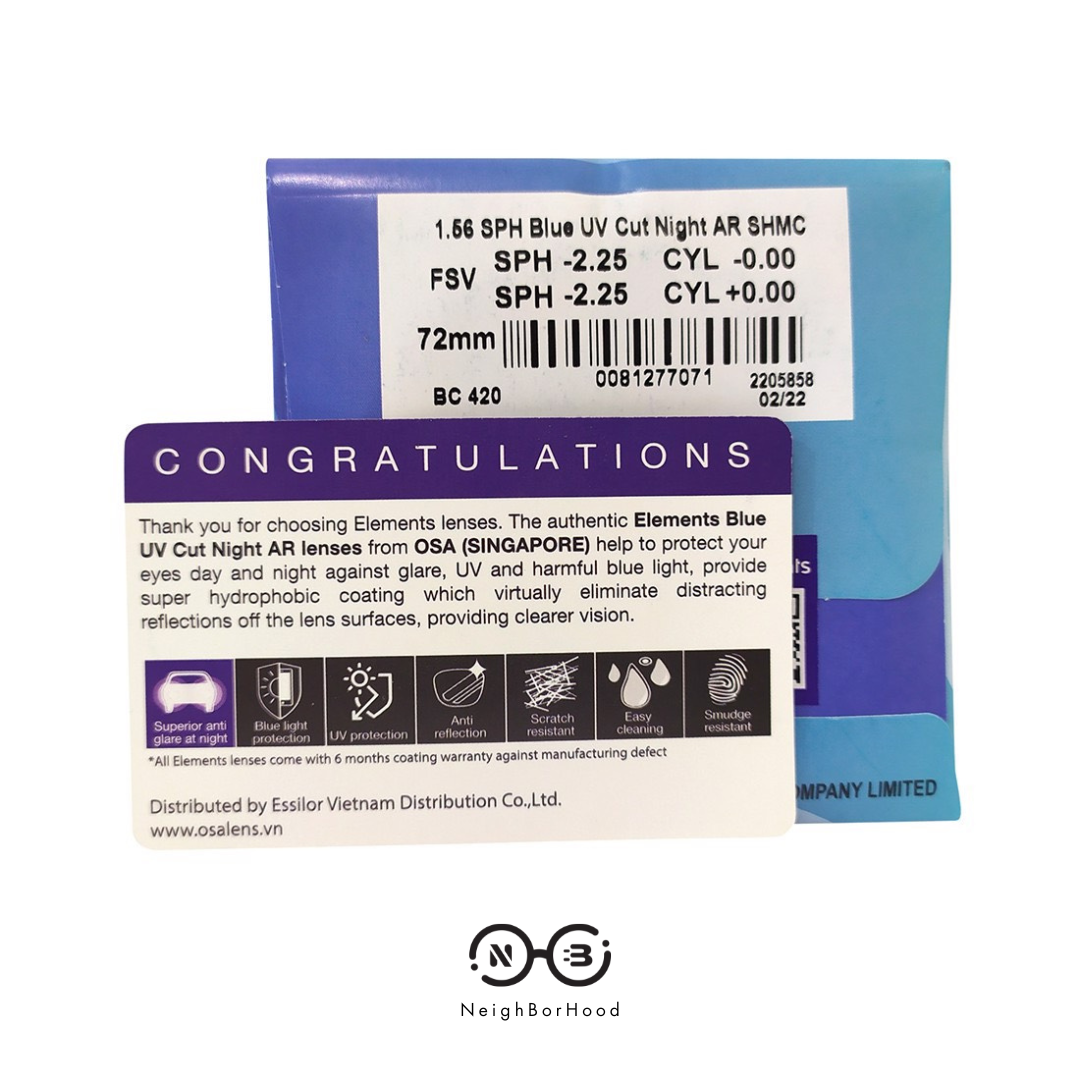 Tròng Element BLUE UV CUT Night AR loạn cao chiết suất 1.56