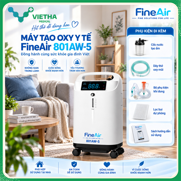 Máy tạo oxy FineAir 801AW-5 5 lít/phút Siêu Êm Ái