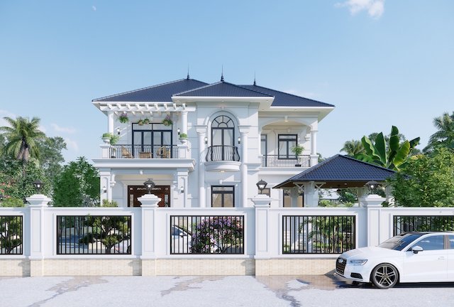 THIẾT KẾ BIỆT THỰ 2 TẦNG TÂN CỔ ĐIỂN MÁI THÁI