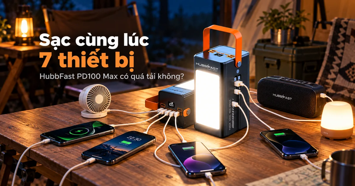 Sạc cùng lúc 7 thiết bị trên HubbFast PD100 Max: Có bị quá tải hay nóng máy không?