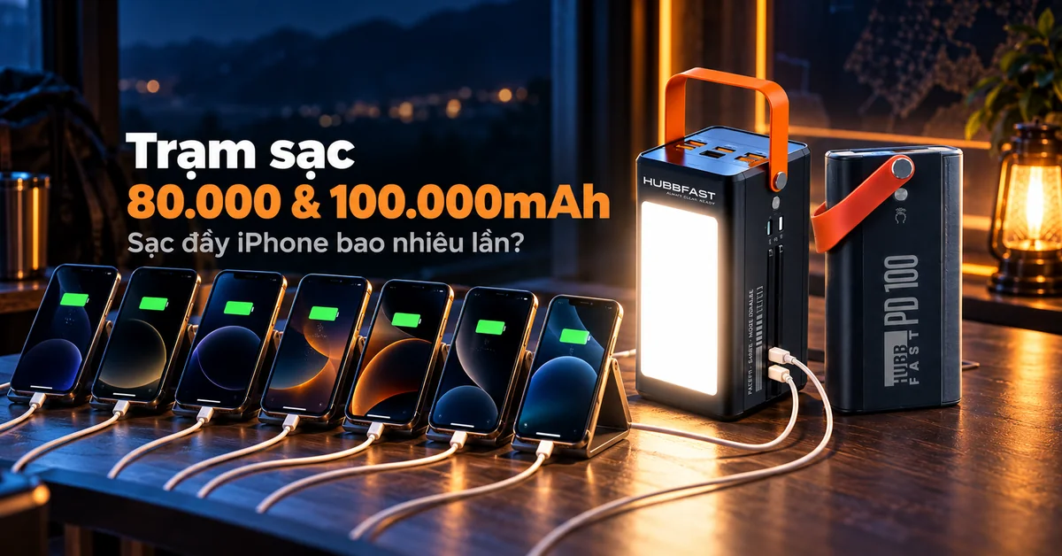 Thực tế: Trạm sạc HubbFast 80.000mAh và 100.000mAh sạc đầy iPhone bao nhiêu lần?