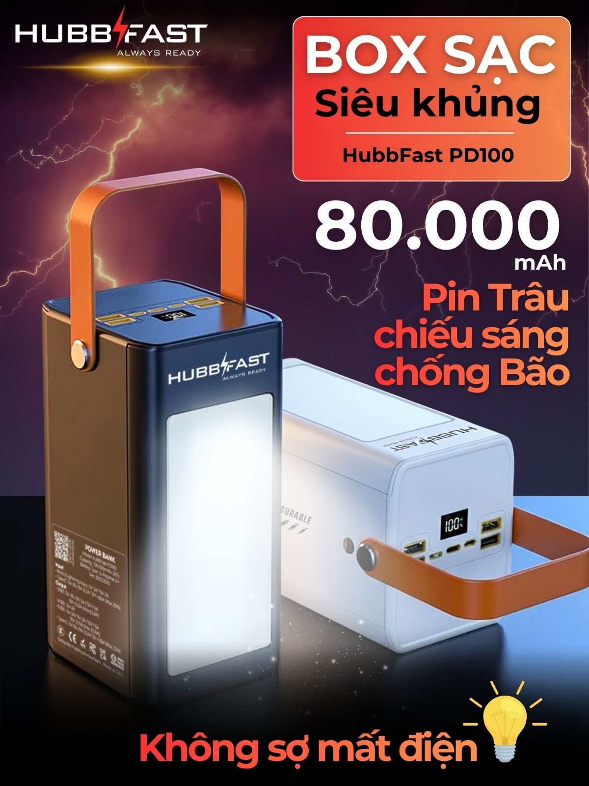 Pin dự phòng Chống Bão,dung lượng 80000mAh HubbFast - PD100. Sạc