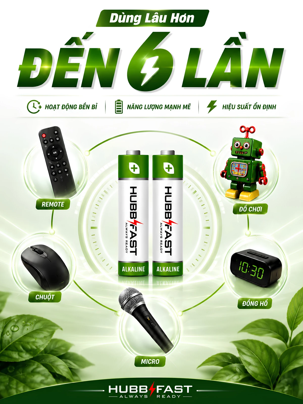 Pin AA/AAA HubbFast Premium dùng lâu hơn gấp 6 lần pin Carbon Zinc phổ thông