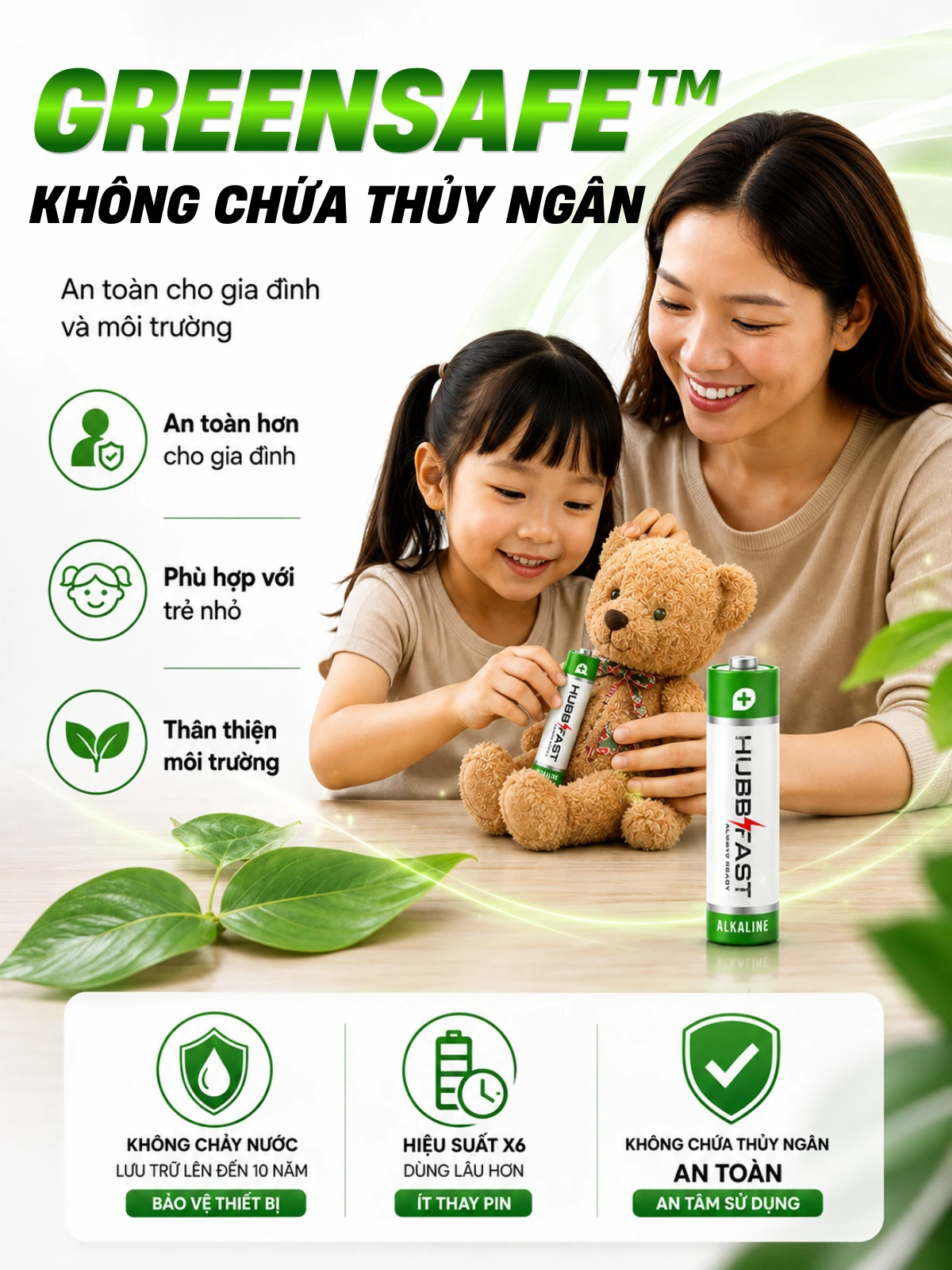 Pin Alkaline HubbFast Premium GREENSAFE an toàn không chứa thủy ngân