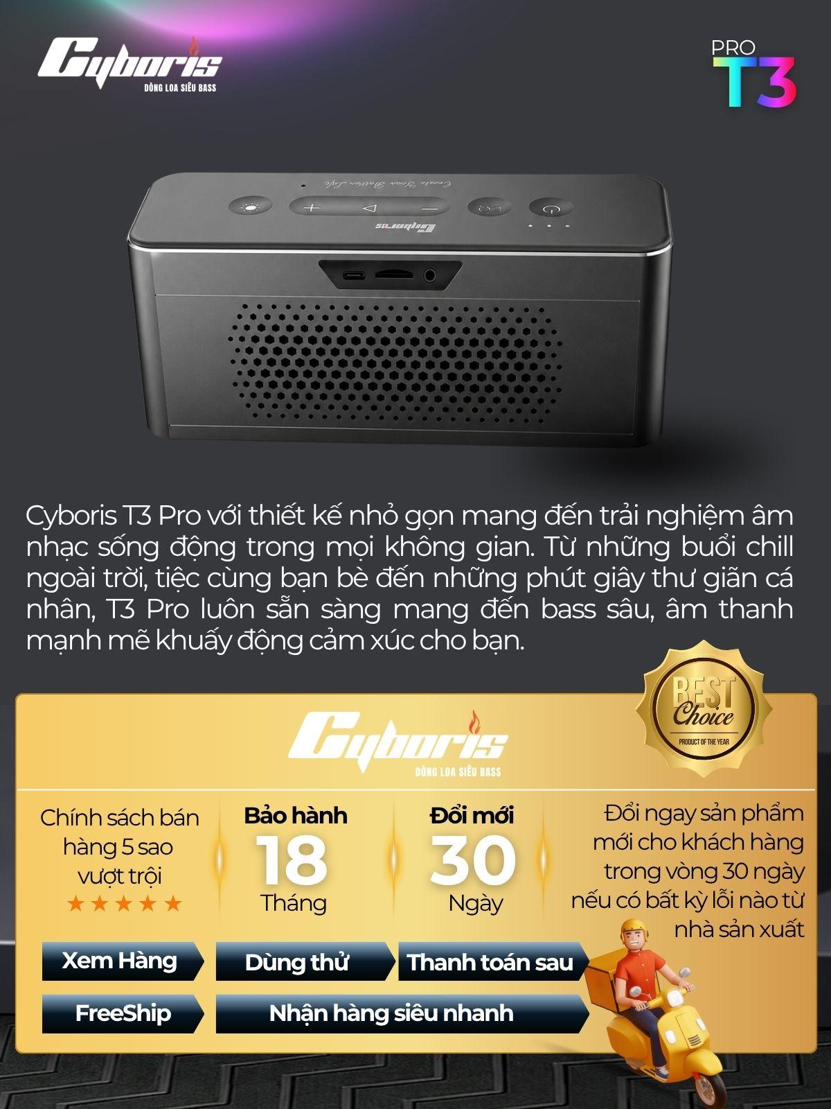 Loa Bluetooth CYBORIS T3 Pro, Công suất 60W, kim loại cao cấp Aluminum – Âm thanh stereo 2 loa, Bass uy lực, RGB, Pin 5000mAh - Chính hãng bảo hành 18 tháng