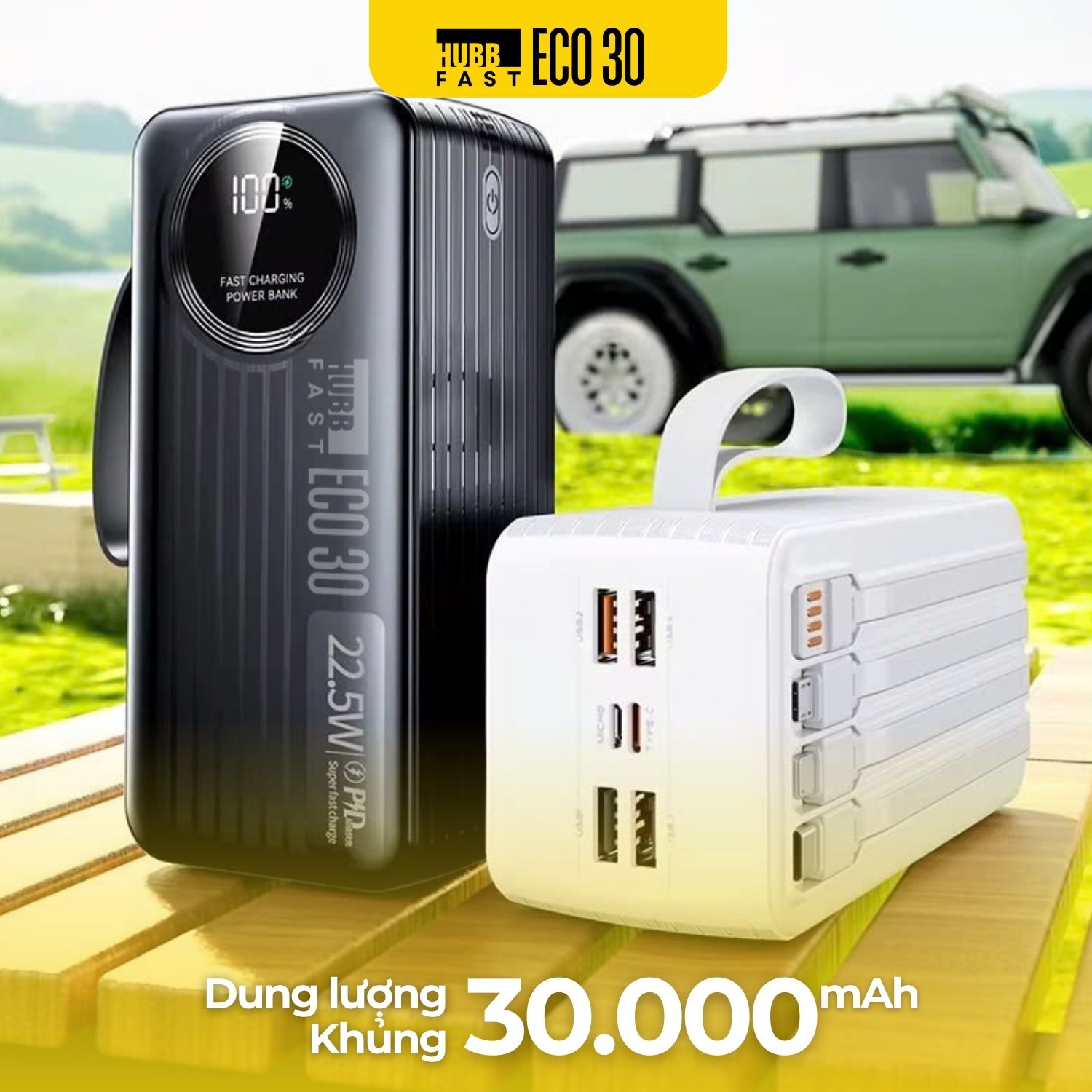 Sạc dự phòng 30000mAh tích hợp 4 cáp sạc nhanh 22.5W màn hình LED hiển thị pin cho điện thoại máy tính bảng HubbFast ECO 30