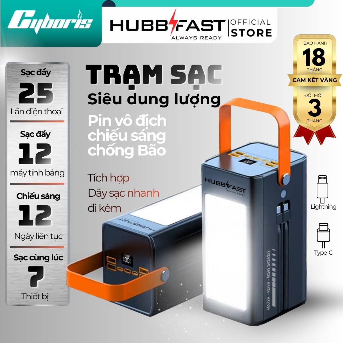 Sạc dự phòng 100000mAh HubbFast PD100 Max – Sạc 7 thiết bị – Đèn 12 ngày – PD QC 22.5W – BH 18T