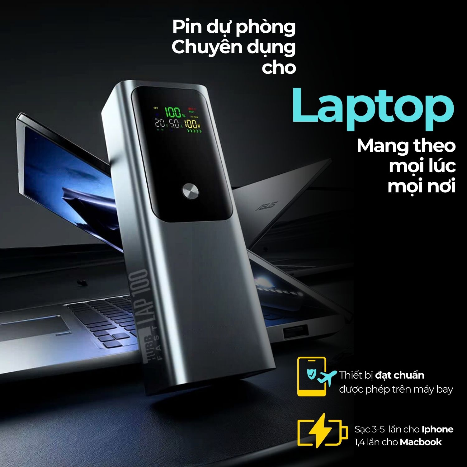 Sạc Dự Phòng HubbFast LAP100 100W Cho Laptop & Điện Thoại, 26800mAh, Sạc Nhanh Kép Type-C PD QC3.0, Siêu Bền