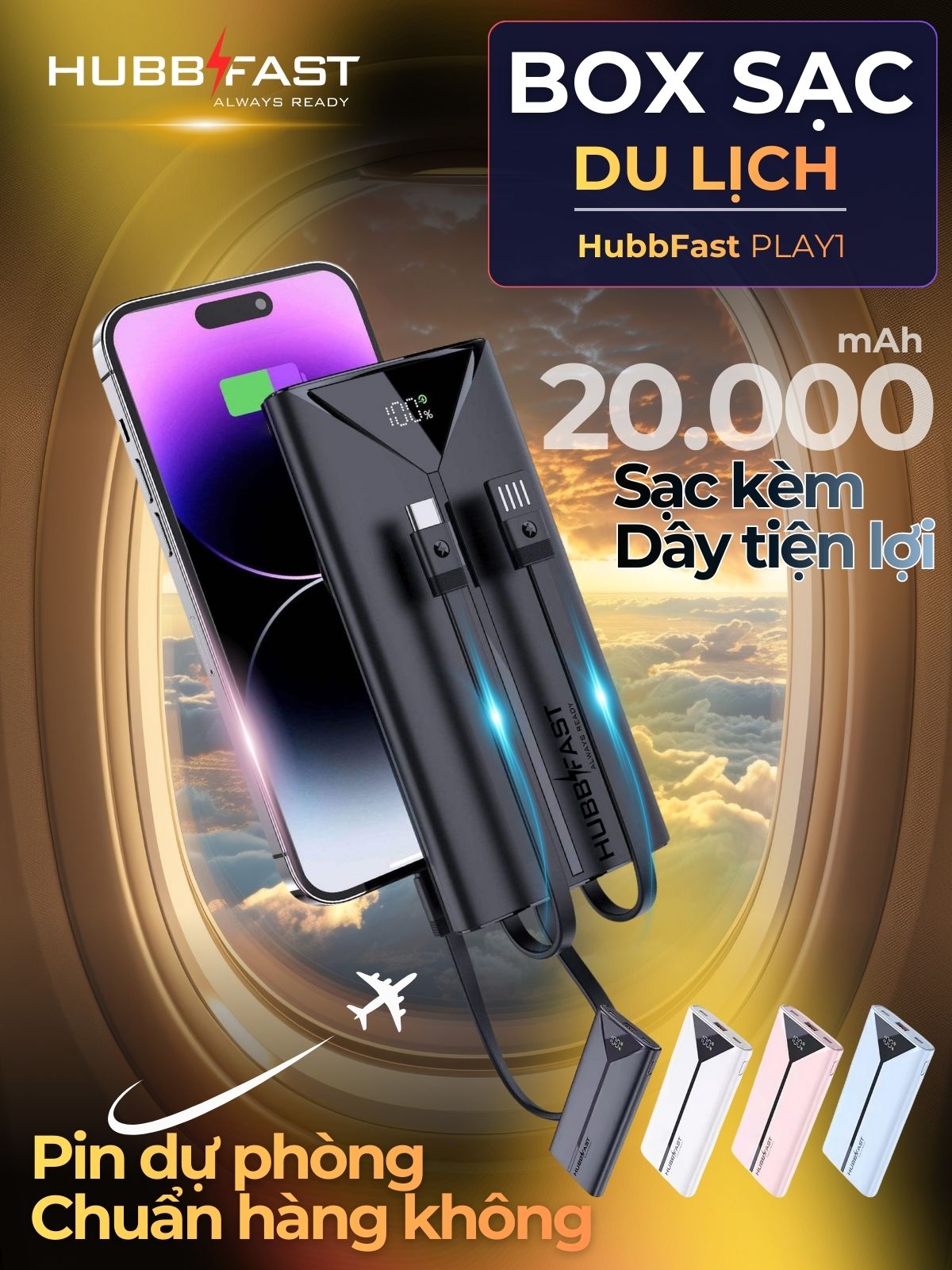 Pin Dự Phòng HUBBFAST PLAY1 20000mAh - Sạc Nhanh PD 22.5W - Nhỏ Gọn - Bảo Hành 18 Tháng