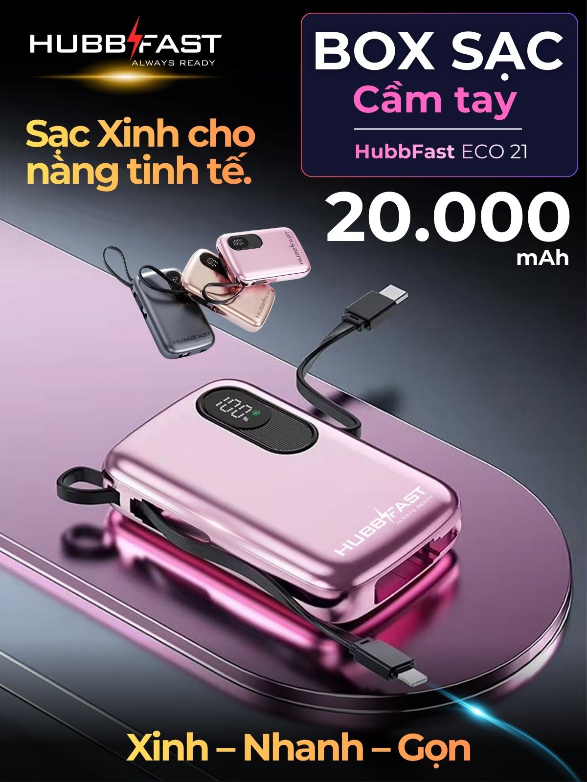 Sạc dự phòng cầm tay HubbFast ECO21 20000mAh 22.5W – Màn hình LED – Dây sạc tích hợp – Siêu nhỏ gọn