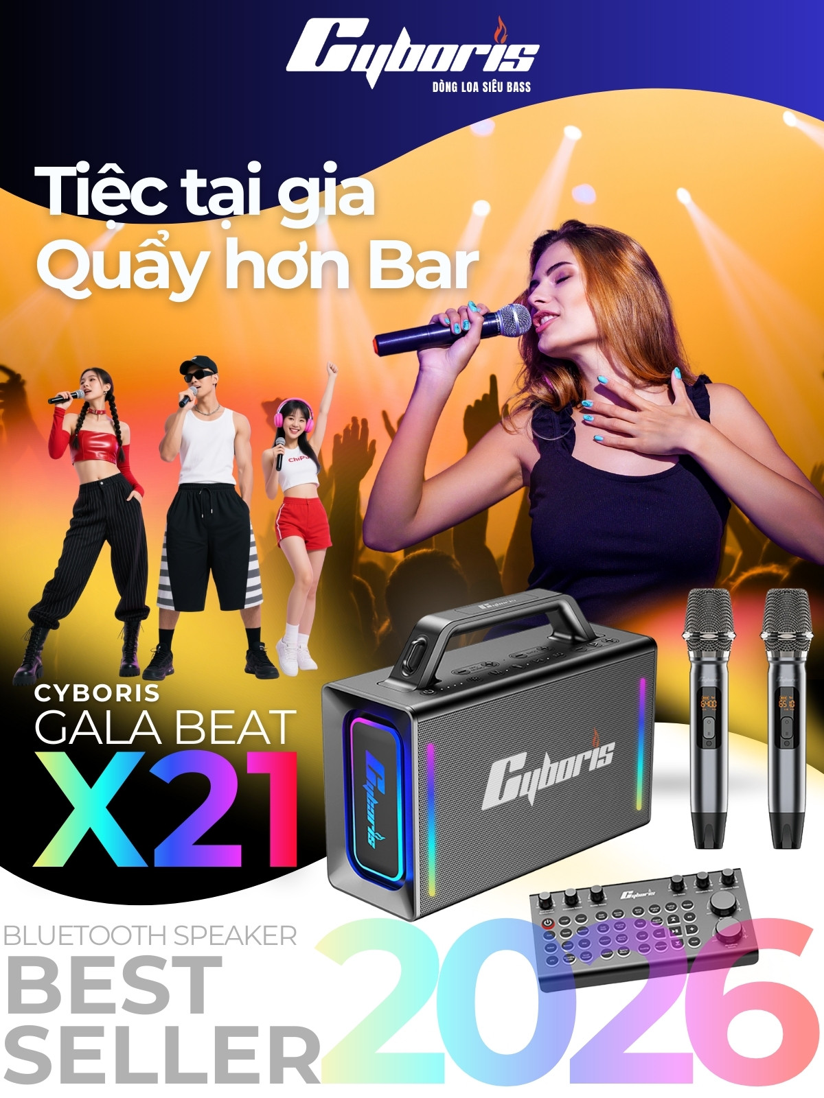Loa Bluetooth Karaoke Cyboris X21, Công suất 200W, Loa siêu Bass, Chống nước IPX6, Pin 20000mAh.