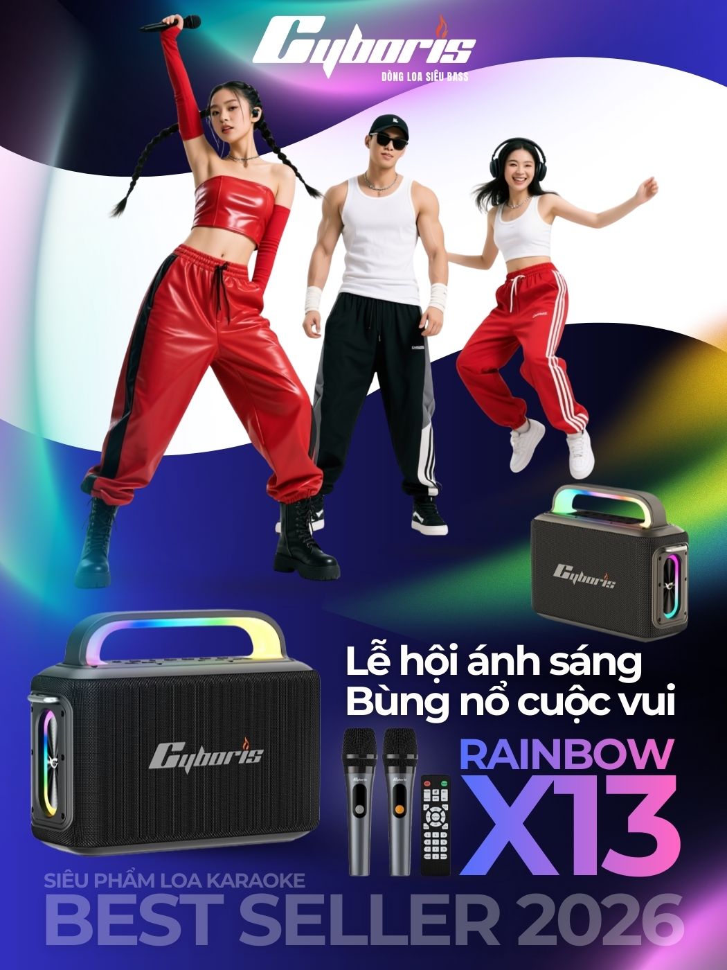 Loa Karaoke Bluetooth Cyboris Rainbow X13 100W | Âm Thanh Đỉnh Cao, Đèn RGB