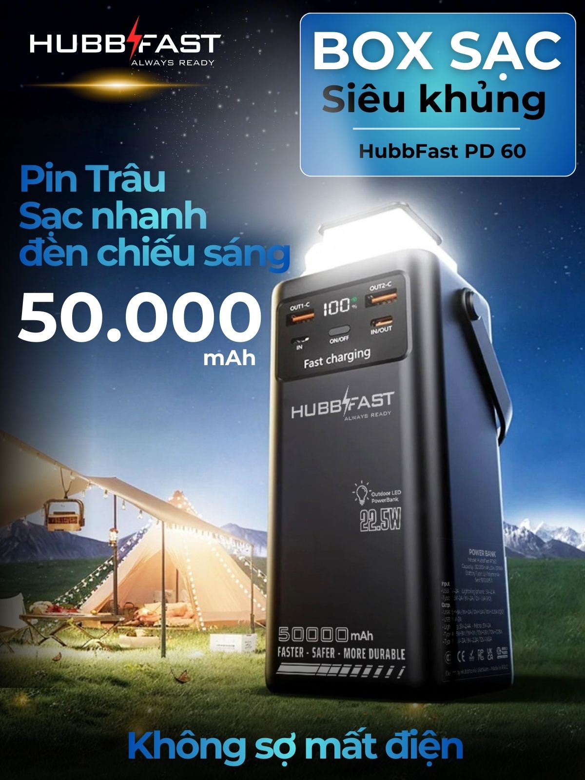 Pin sạc dự phòng HubbFast PD60 50000mAh sạc nhanh 22.5W, đèn LED, tích hợp 4 cáp, sạc cùng lúc nhiều thiết bị, bảo hành 18 tháng