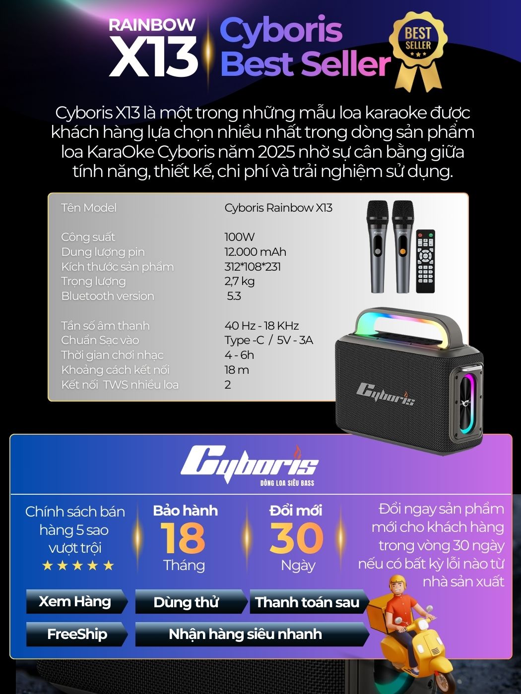 Loa Karaoke Bluetooth Cyboris Rainbow X13 100W | Âm Thanh Đỉnh Cao, Đèn RGB