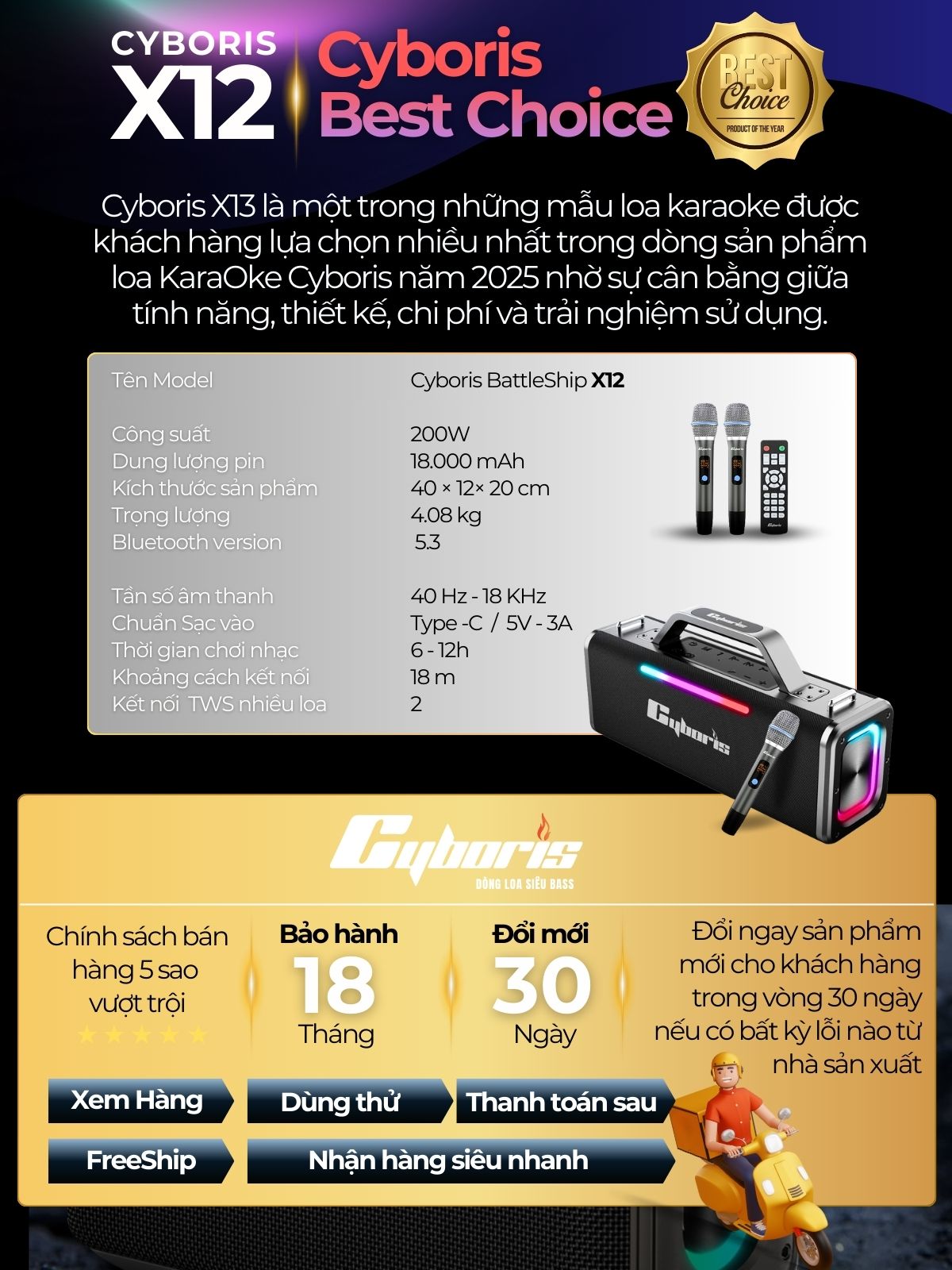 Loa Bluetooth Cyboris X12 200W – Karaoke không dây hoàn hảo