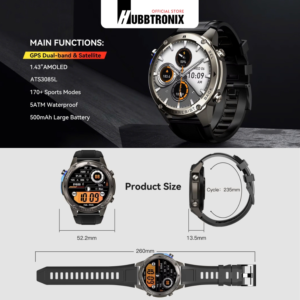 Đồng hồ GPS chạy bộ, Bơi lội , Pin 65 Ngày, Nghe gọi, HubbWatch M56, Chính hãng HUBBTRONIX