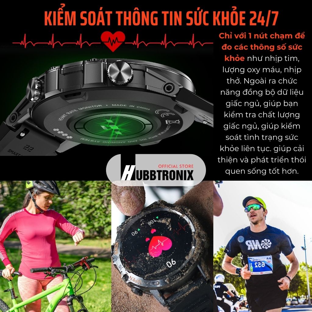 Đồng hồ thể thao thông minh HubbWatch K52 1.39"HD, Chính Hãng