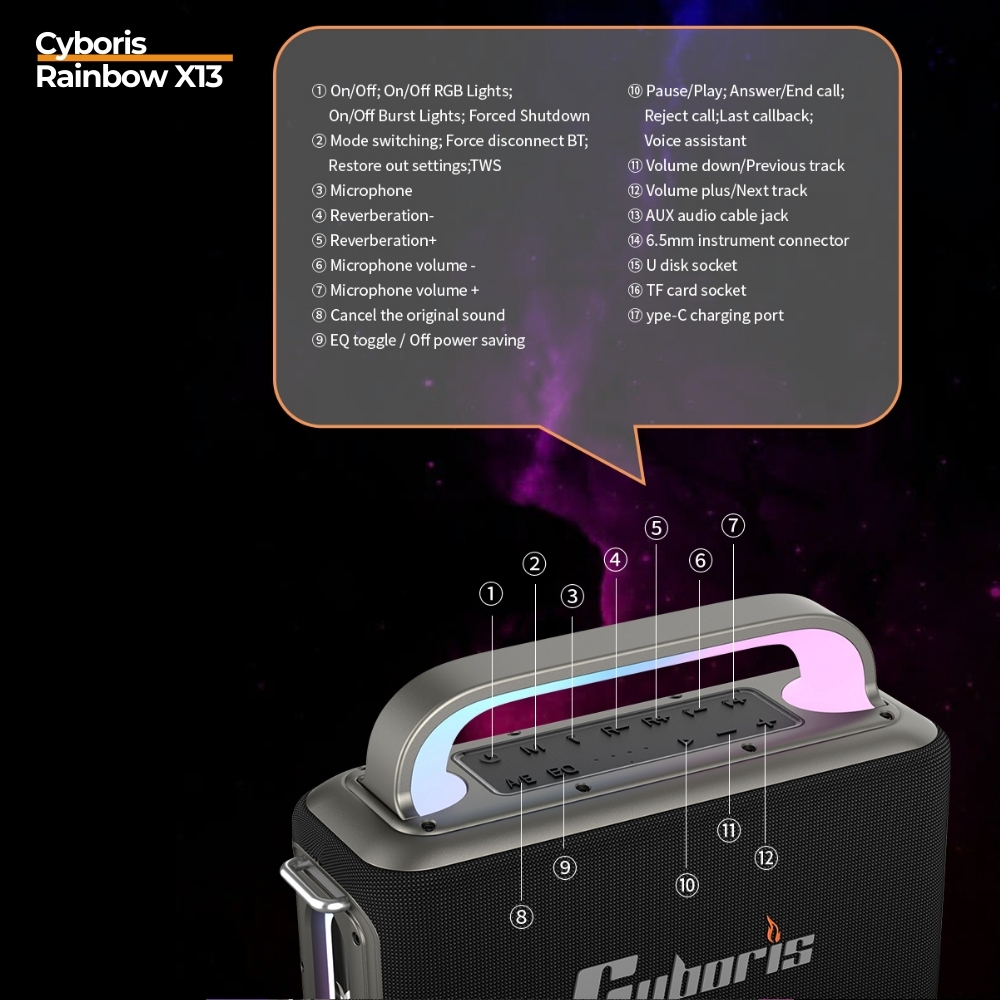 Loa Karaoke Bluetooth Cyboris Rainbow X13 100W | Âm Thanh Đỉnh Cao, Đèn RGB