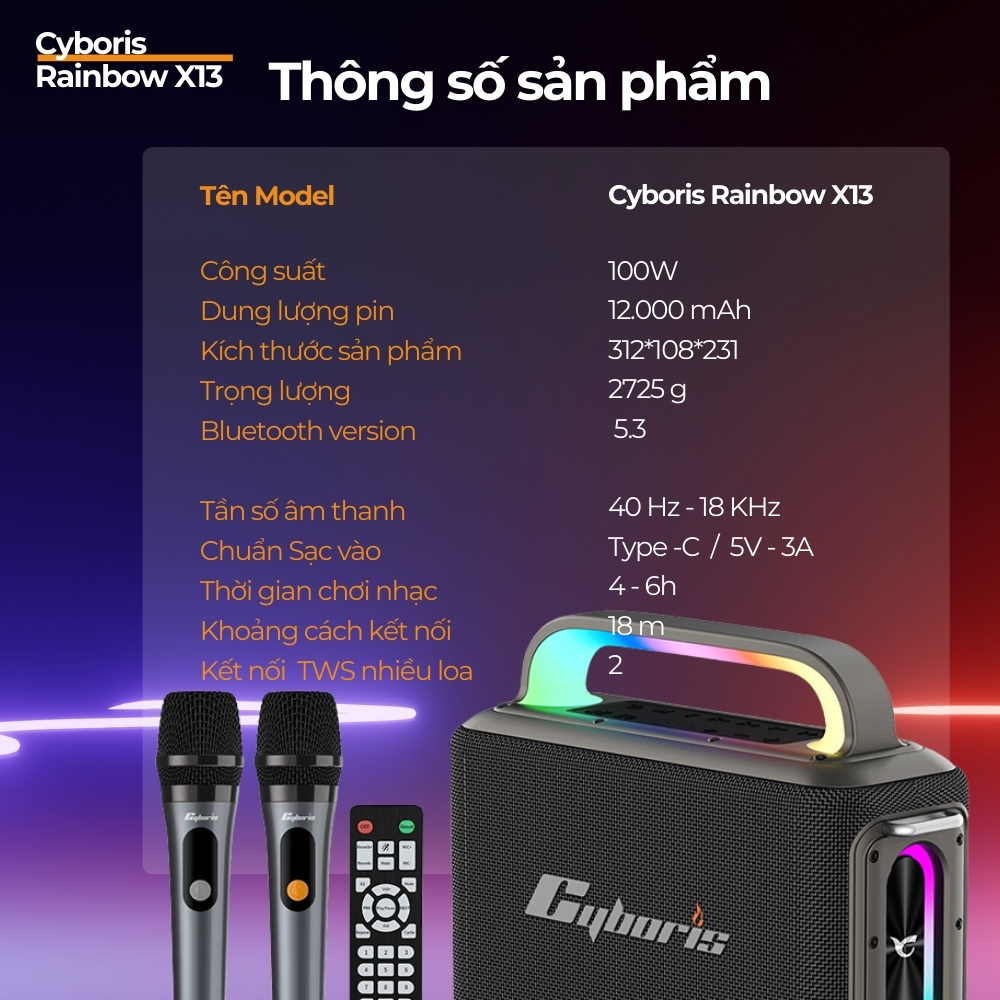 Loa Karaoke Bluetooth Cyboris Rainbow X13 100W | Âm Thanh Đỉnh Cao, Đèn RGB