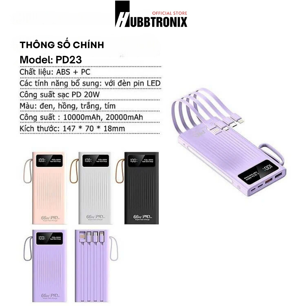 Sạc nhanh 66W. Dung lượng 20.000mAh. Hổ trợ sạc nhanh. Tích hợp cáp kết nối sẵn