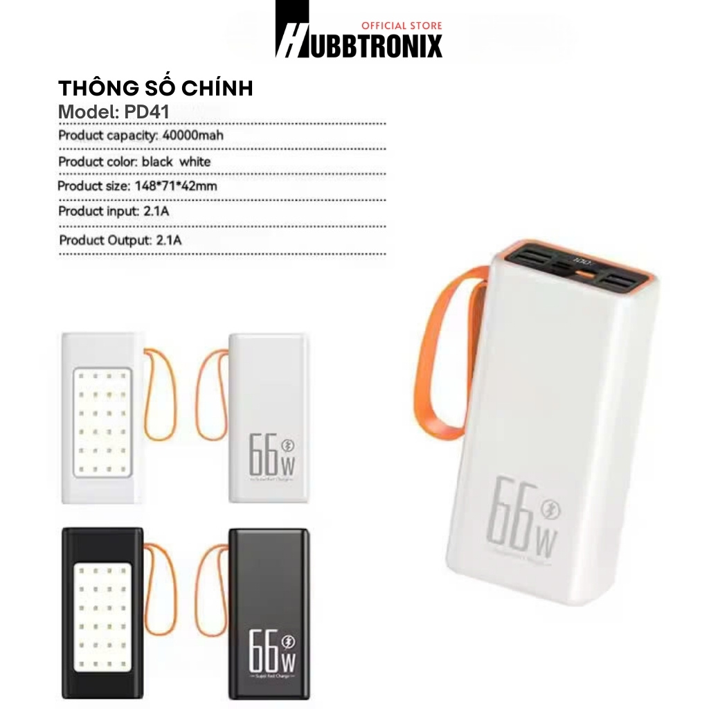 Sạc dự phòng siêu nhanh, siêu mạnh 40.000mAh HubbFast PD41. Hổ trợ sạc nhanh. Đèn siêu sáng