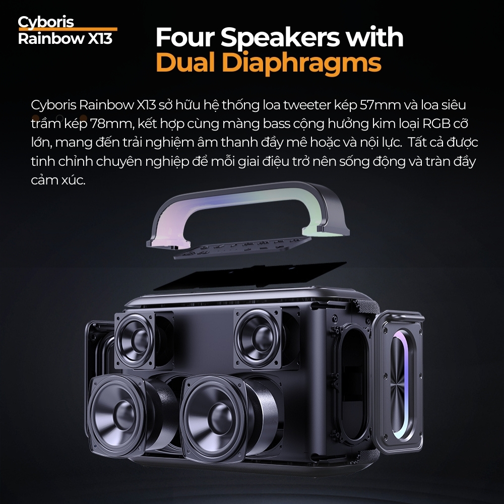 Loa Karaoke Bluetooth Cyboris Rainbow X13 100W | Âm Thanh Đỉnh Cao, Đèn RGB