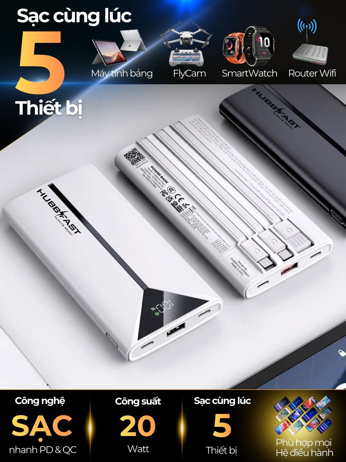 Pin Dự Phòng HUBBFAST PLAY1 20000mAh - Sạc Nhanh PD 22.5W - Nhỏ Gọn - Bảo Hành 18 Tháng