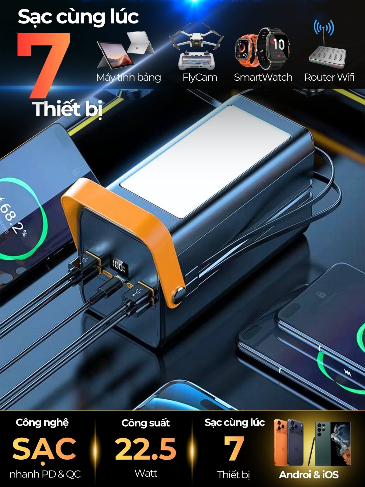 Sạc dự phòng 100000mAh HubbFast PD100 Max – Sạc 7 thiết bị – Đèn 12 ngày – PD QC 22.5W – BH 18T