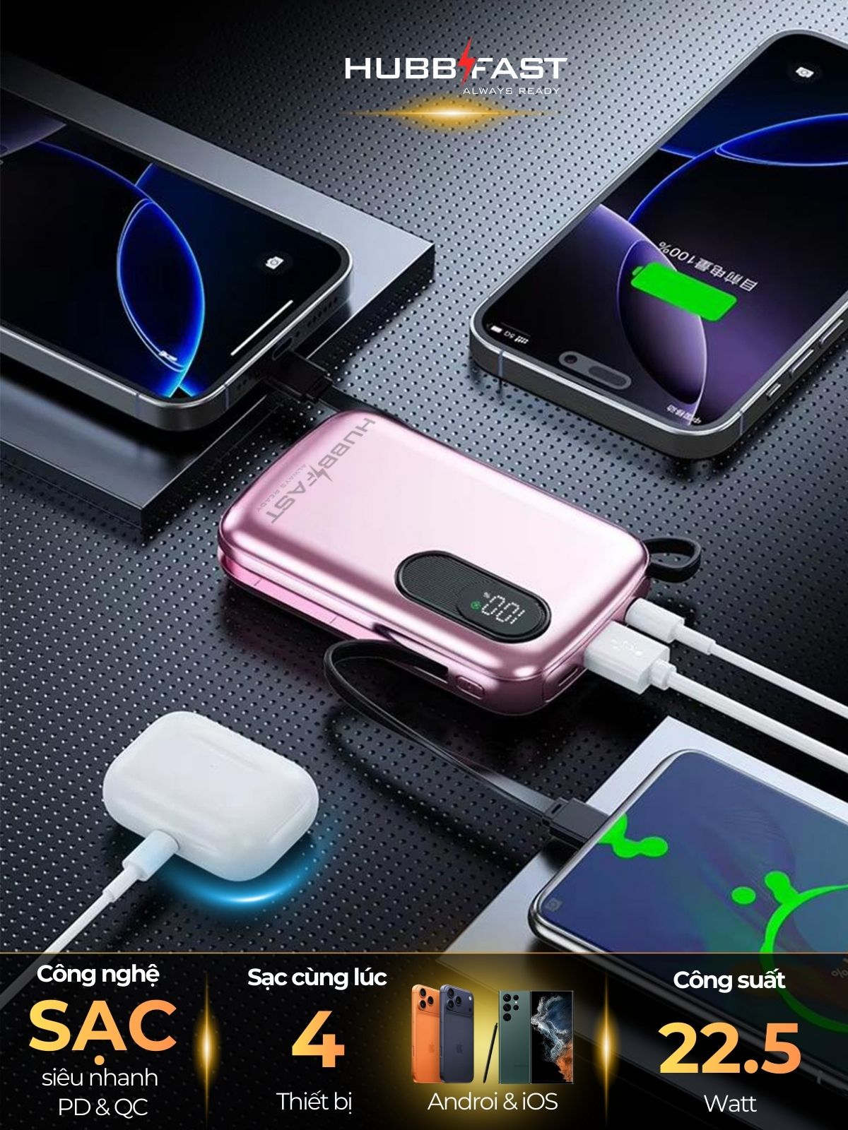 Sạc dự phòng cầm tay HubbFast ECO21 20000mAh 22.5W – Màn hình LED – Dây sạc tích hợp – Siêu nhỏ gọn