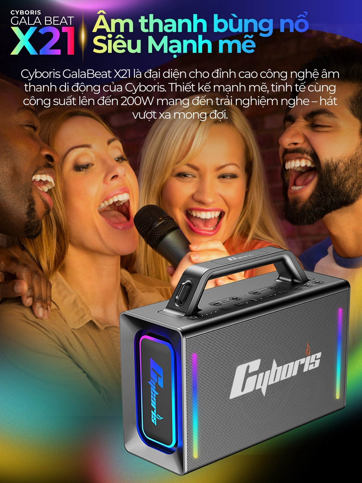 Loa Bluetooth Karaoke Cyboris X21, Công suất 200W, Loa siêu Bass, Chống nước IPX6, Pin 20000mAh.