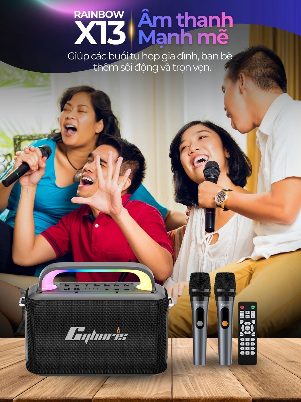 Loa Karaoke Bluetooth Cyboris Rainbow X13 100W | Âm Thanh Đỉnh Cao, Đèn RGB