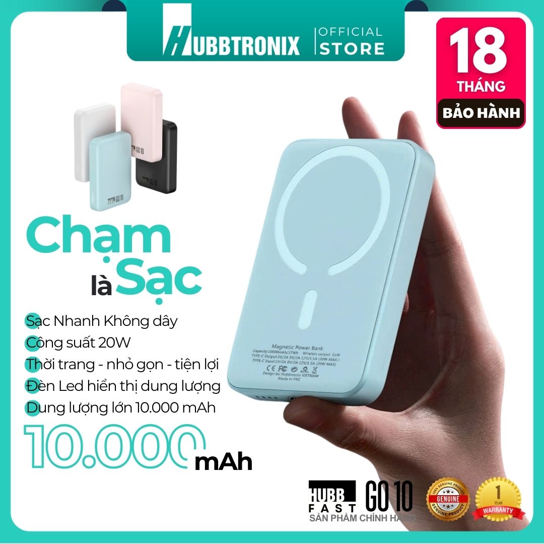 Sạc Dự Phòng 10000mAh -HubbFast Go10 Không Dây Nam Châm, Sạc Nhanh 15W, Hỗ Trợ iPhone 12-15