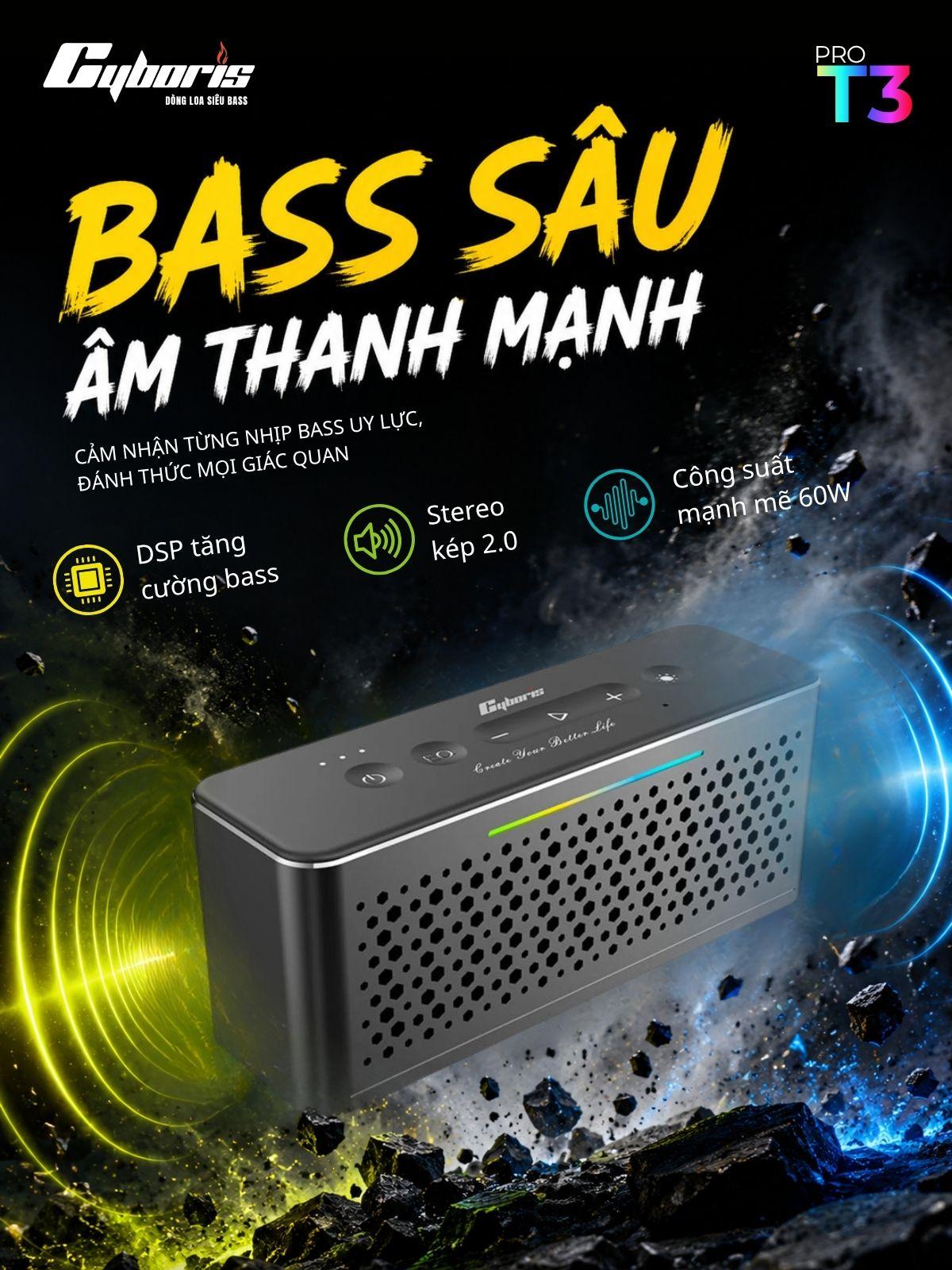Loa Bluetooth CYBORIS T3 Pro, Công suất 60W, kim loại cao cấp Aluminum – Âm thanh stereo 2 loa, Bass uy lực, RGB, Pin 5000mAh - Chính hãng bảo hành 18 tháng