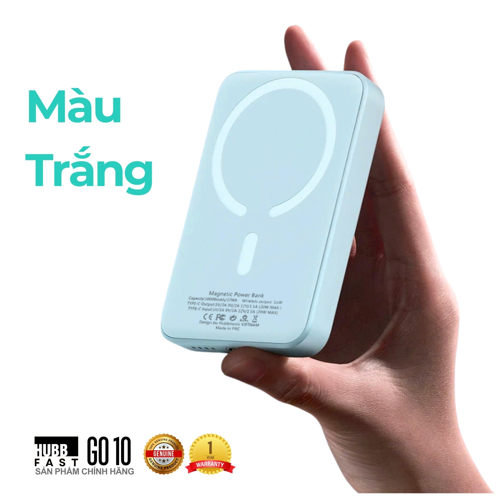 Sạc Dự Phòng 10000mAh -HubbFast Go10 Không Dây Nam Châm, Sạc Nhanh 15W, Hỗ Trợ iPhone 12-15