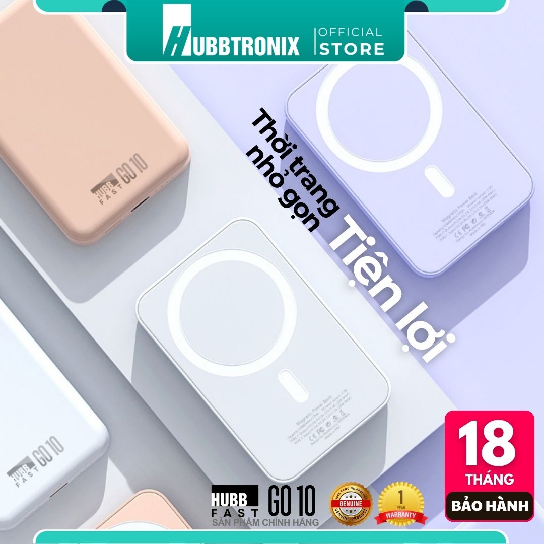 Sạc Dự Phòng 10000mAh -HubbFast Go10 Không Dây Nam Châm, Sạc Nhanh 15W, Hỗ Trợ iPhone 12-15