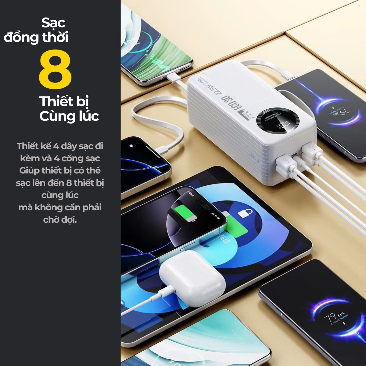 Sạc dự phòng 30000mAh tích hợp 4 cáp sạc nhanh 22.5W màn hình LED hiển thị pin cho điện thoại máy tính bảng HubbFast ECO 30