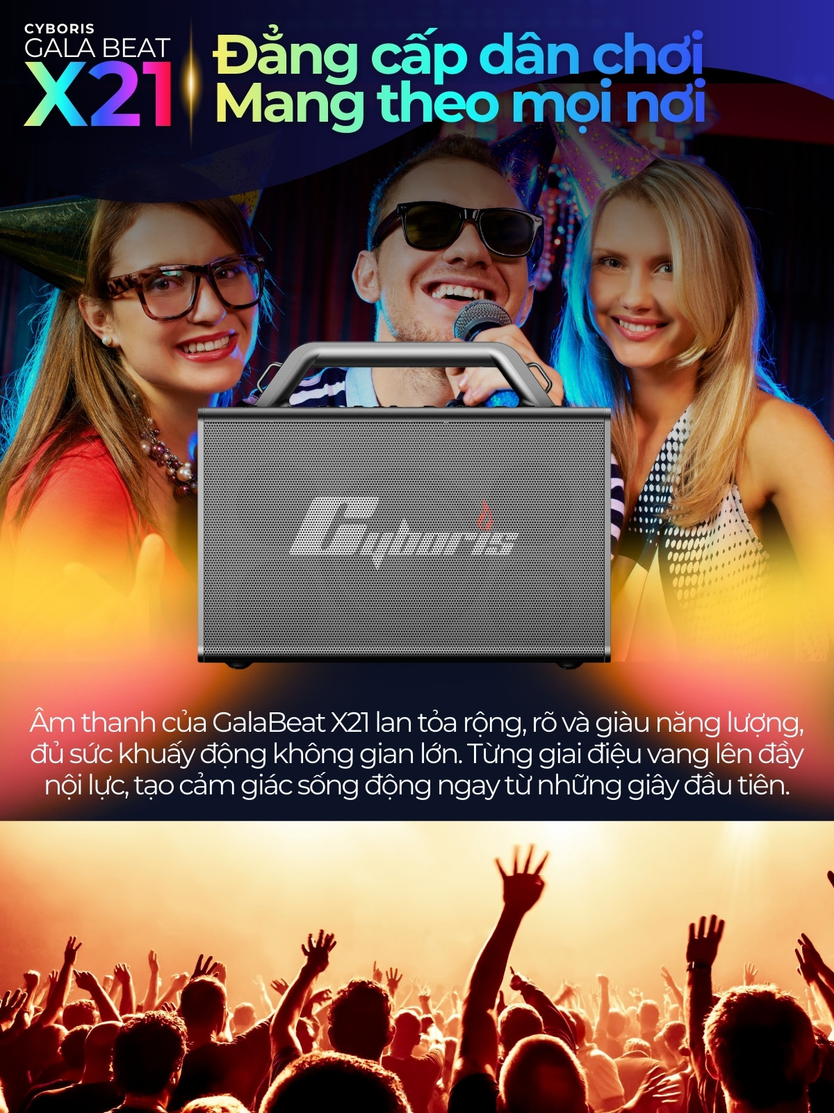 Loa Bluetooth Karaoke Cyboris X21, Công suất 200W, Loa siêu Bass, Chống nước IPX6, Pin 20000mAh.