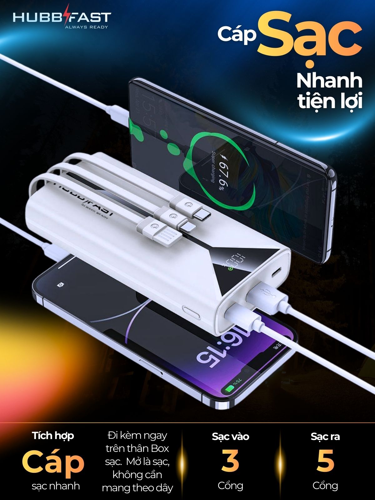 Pin Dự Phòng HUBBFAST PLAY1 20000mAh - Sạc Nhanh PD 22.5W - Nhỏ Gọn - Bảo Hành 18 Tháng