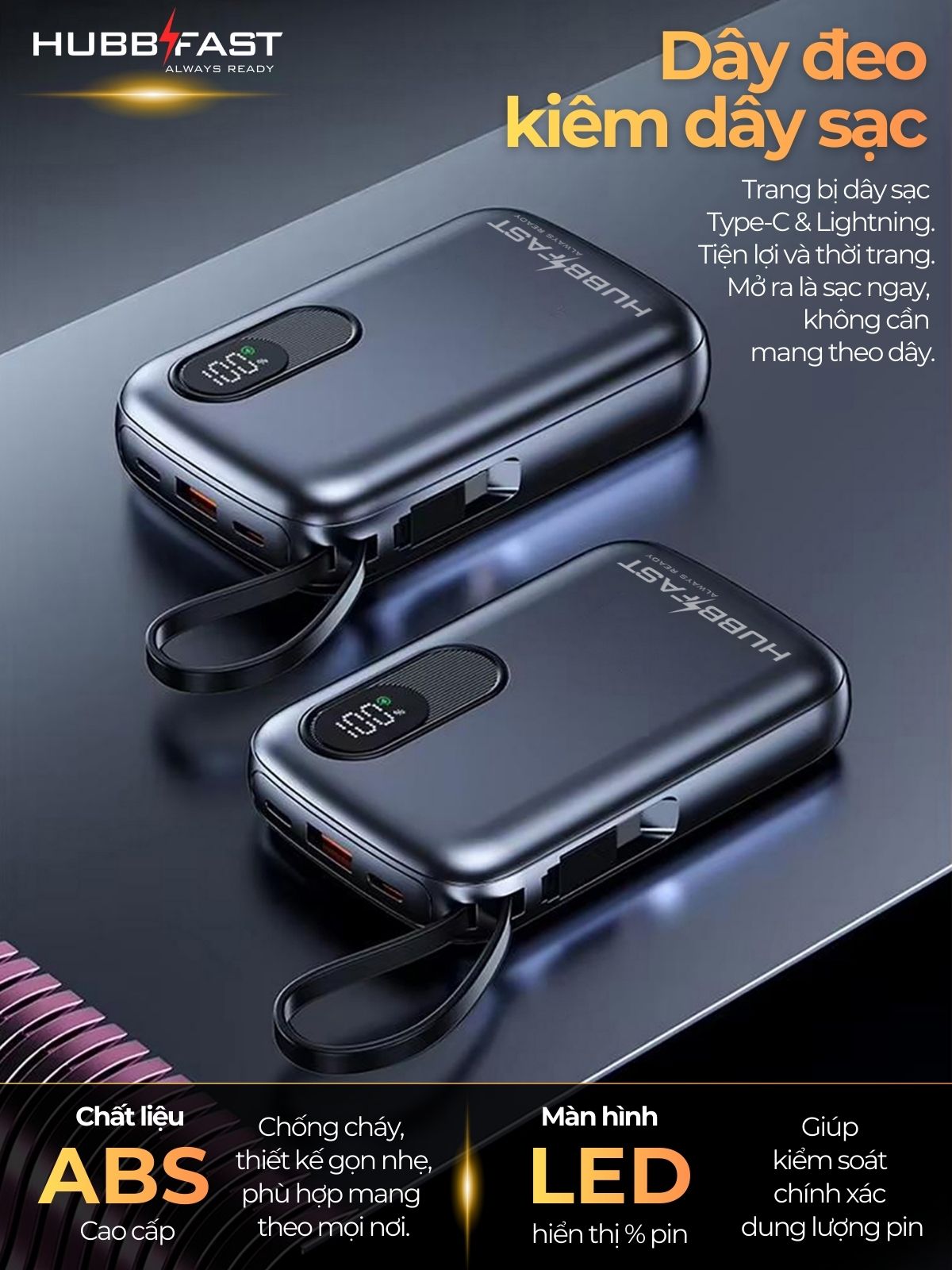 Sạc dự phòng cầm tay HubbFast ECO21 20000mAh 22.5W – Màn hình LED – Dây sạc tích hợp – Siêu nhỏ gọn