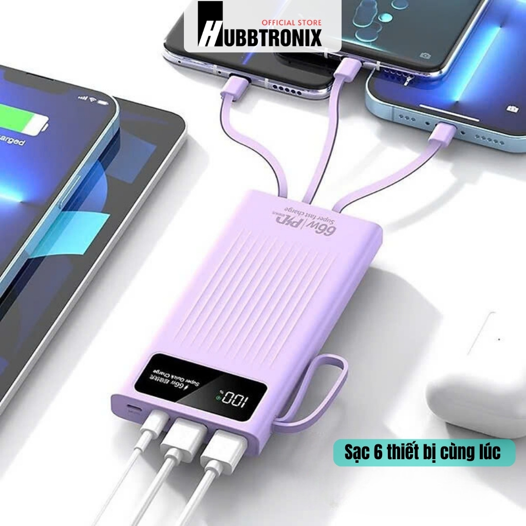 Sạc nhanh 66W. Dung lượng 20.000mAh. Hổ trợ sạc nhanh. Tích hợp cáp kết nối sẵn
