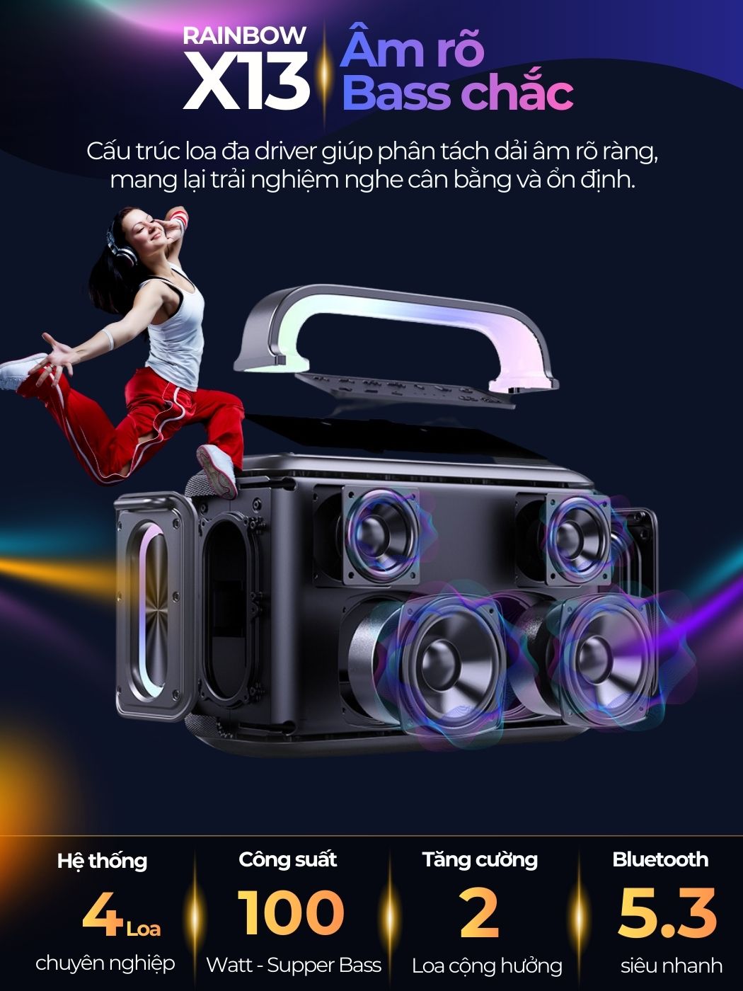 Loa Karaoke Bluetooth Cyboris Rainbow X13 100W | Âm Thanh Đỉnh Cao, Đèn RGB