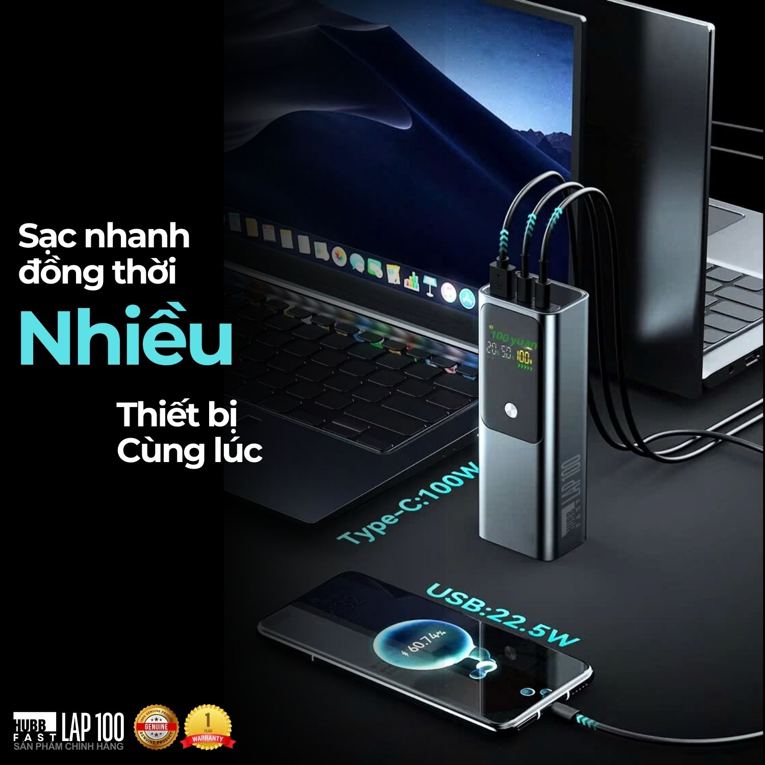 Sạc Dự Phòng HubbFast LAP100 100W Cho Laptop & Điện Thoại, 26800mAh, Sạc Nhanh Kép Type-C PD QC3.0, Siêu Bền