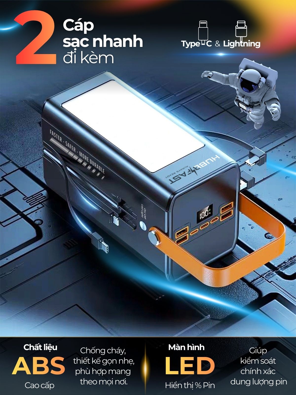 Sạc dự phòng 100000mAh HubbFast PD100 Max – Sạc 7 thiết bị – Đèn 12 ngày – PD QC 22.5W – BH 18T