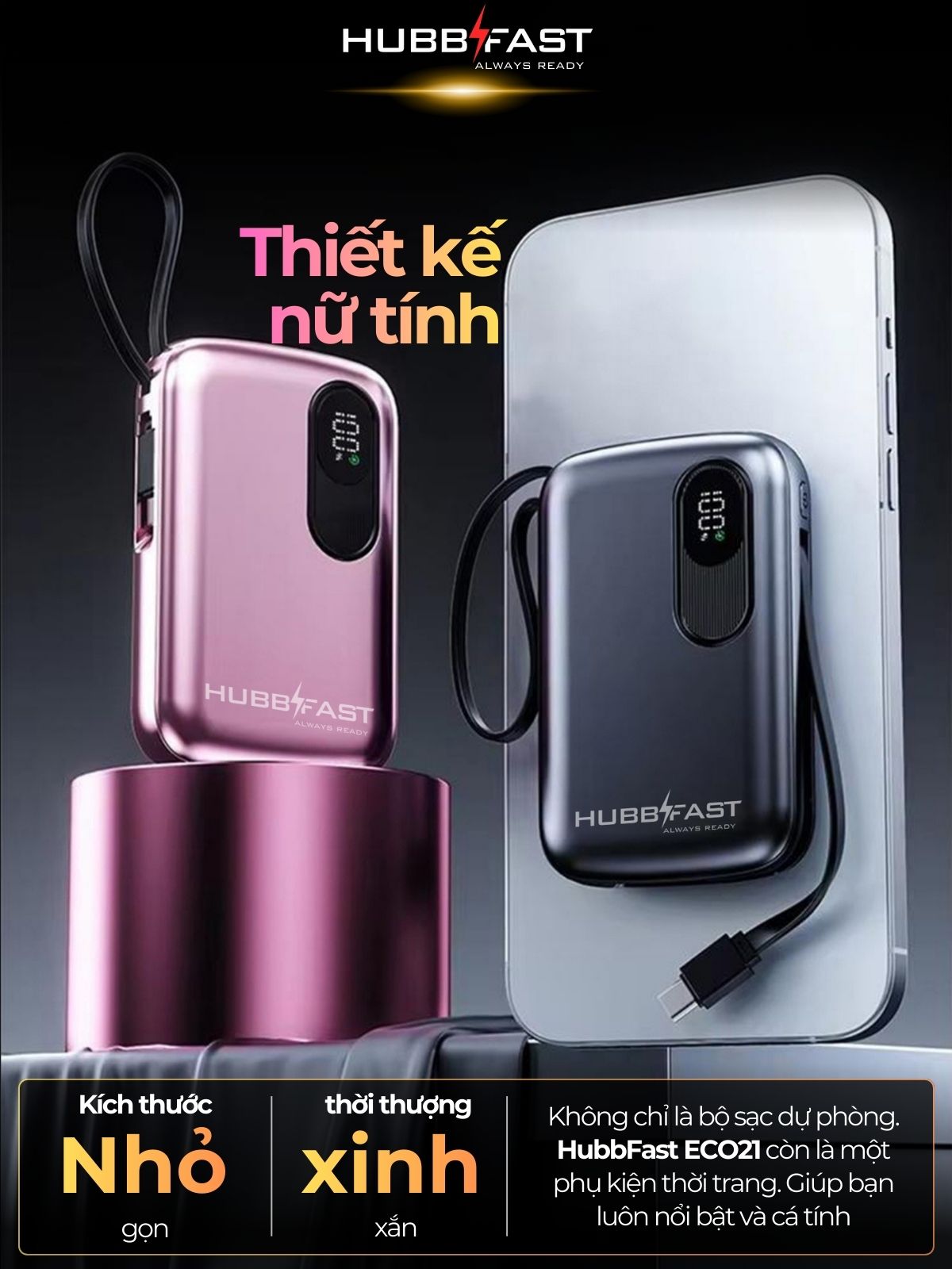 Sạc dự phòng cầm tay HubbFast ECO21 20000mAh 22.5W – Màn hình LED – Dây sạc tích hợp – Siêu nhỏ gọn