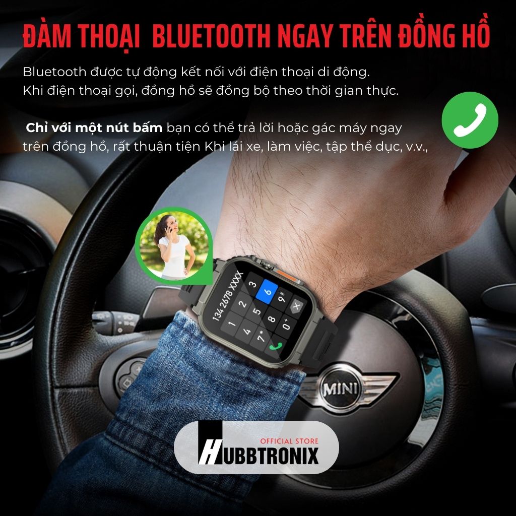 Đồng hồ thể thao, theo dõi sức khỏe thông minh, Nghe gọi, Hubb Watch A70 1.96"HD Chính Hãng HUBBTRONIX