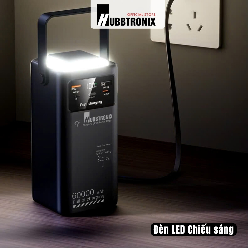 Trạm sạc dự phòng siêu nhanh, siêu mạnh 60.000mAh HubbFast - PD60. Gọn gàng, tích hợp sạc nhanh, đèn chiếu sáng tiện lợi