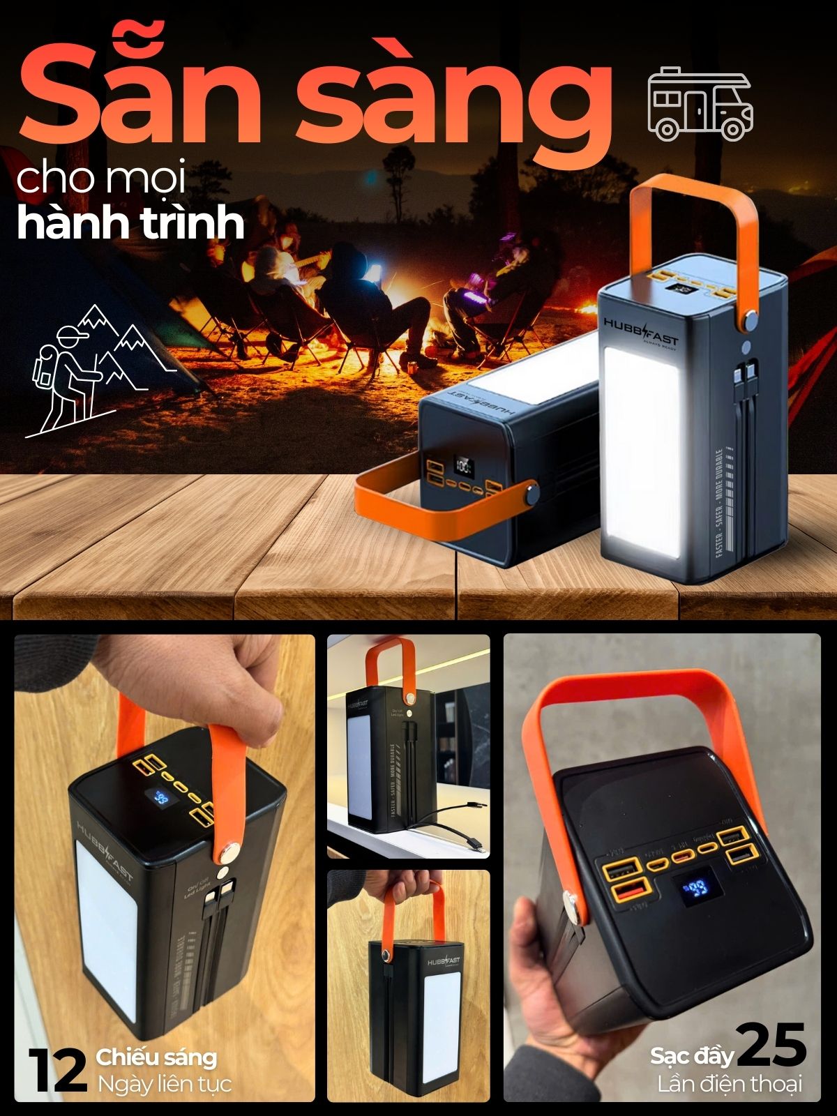 Sạc dự phòng 100000mAh HubbFast PD100 Max – Sạc 7 thiết bị – Đèn 12 ngày – PD QC 22.5W – BH 18T