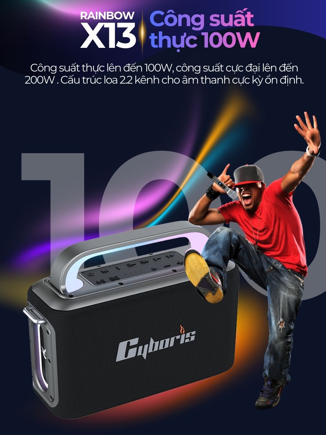 Loa Karaoke Bluetooth Cyboris Rainbow X13 100W | Âm Thanh Đỉnh Cao, Đèn RGB
